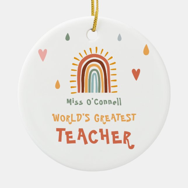 Världsmästare Teacher Gift Boho Rainbow Julgransprydnad Keramik (Framsidan)