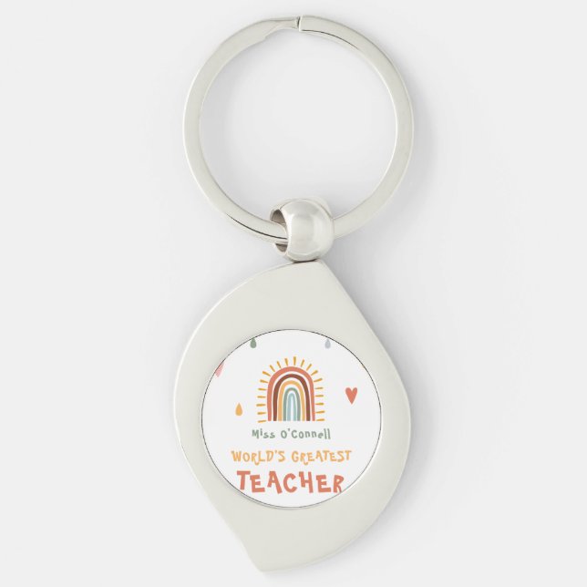 Världsmästare Teacher Gift Boho Rainbow Swirl Silverfärgad Nyckelring (Framsidan)
