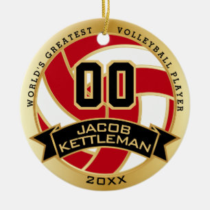 Världsmästare Volleyball Player Red och Guld Julgransprydnad Keramik