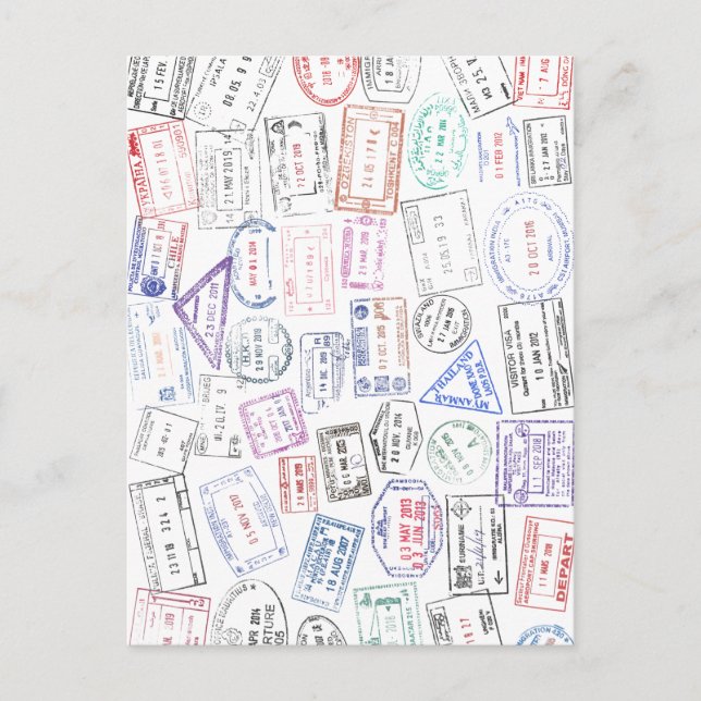 Världsomspännande passstämplar på ett vykort (Framsida)