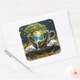 Världsvattenfall i Fantasy tekopp Fyrkantigt Klistermärke