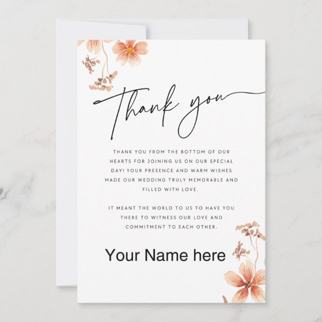 Varm akvarell blommor kalligrafi bröllop tack kort (Framsida)