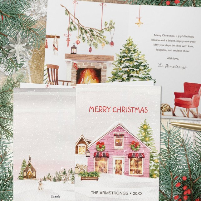Varm akvarell rosa stuga jul helgkort (Fireside Cottage Holiday Card)