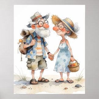 Varm akvarellillustration av äldre par poster