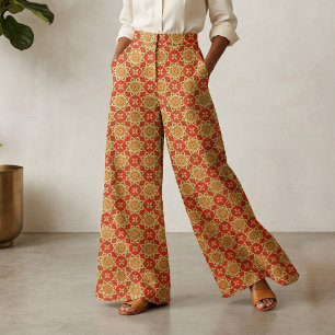 Varm Boho Röd Orange Gul Geometrisk Blommig Tyg