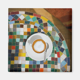 Varm Cappuccino på Mozaikbord Kaffe Foto Magnet