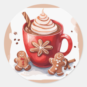 Varm choklad med kanel och pepparkakor runt klistermärke