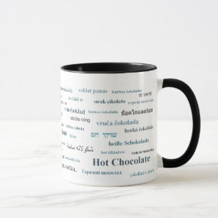 Varm chokladmugg i olika språk (i blått) mugg