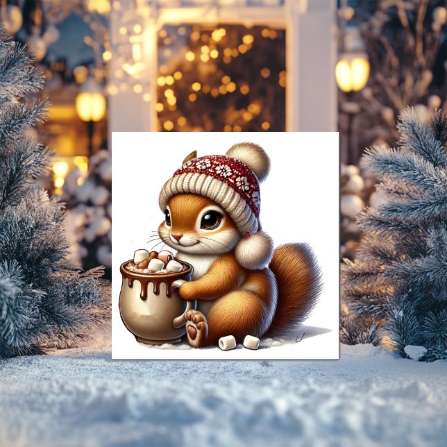 Varm ekorre med Hett Kakao och Winter Hat Julkort (Skapare uppladdad)