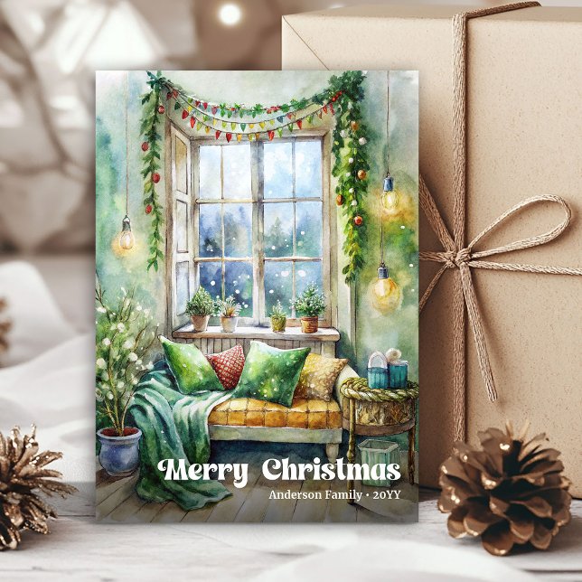 Varm festlig scen julkort vintage semester vattenf (Warm festive scene card vintage holiday watercolor

)