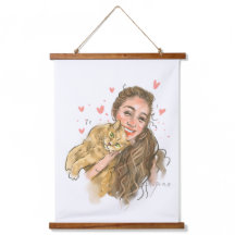 Varm Girl & Cat Illustration Wood - Topped Wall Ta