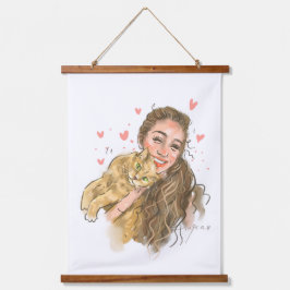 Varm Girl & Cat Illustration Wood - Topped Wall Ta