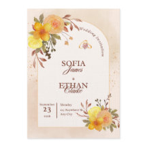 Varm gul och persikofärgad blommig bröllopsinbjuda