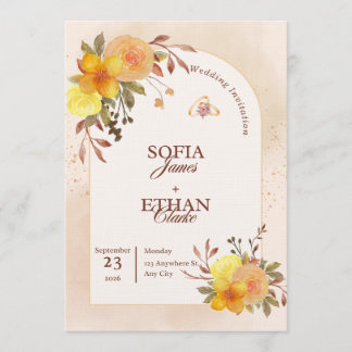 Varm gul och persikofärgad blommig bröllopsinbjuda inbjudningar