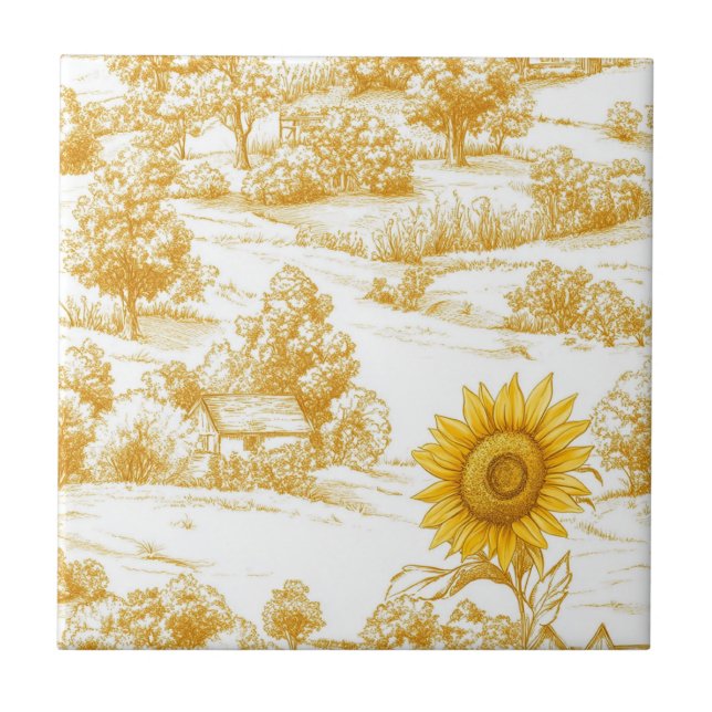 Varm guld farmhouse solros toile-mönster kakelplatta (Framsidan)