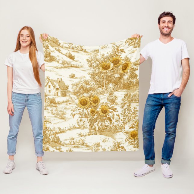 Varm guld farmhus solros toile-mönster fleecefilt (På plats)