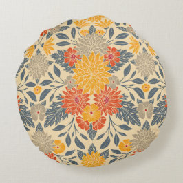 Varm Gult, Orange och blå Blommigt Rund Kudde