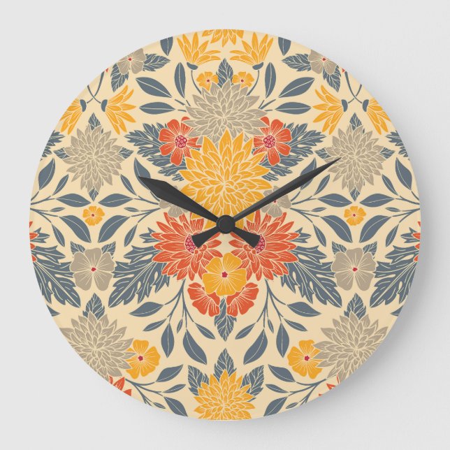 Varm Gult, Orange och blå Blommigt Stor Klocka (Framsida)