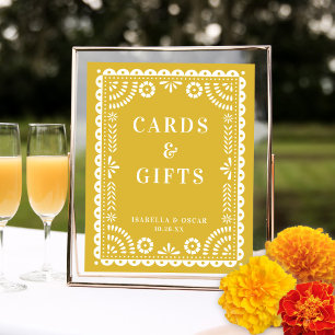 Varm Gult Papel Picado Wedding Reception-tecken Poster