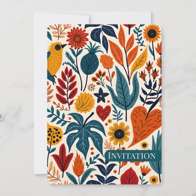 Varm höst blommande folkkonst bröllop inbjudningar (Framsida)