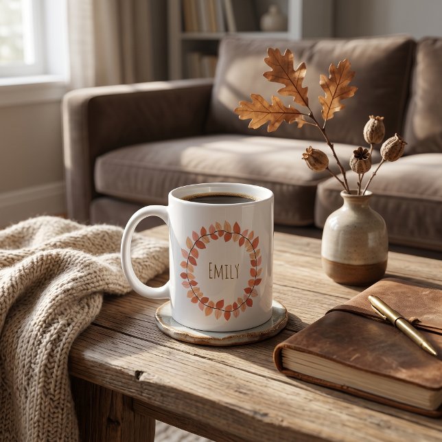 Varm Höstbladskrans Namndesign Kaffemugg (Warm Autumn Leaf Wreath Name Design Coffee Mug
)