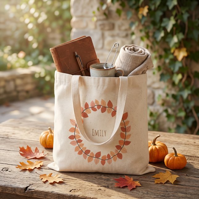 Varm Höstbladskrans Namndesign Tygkasse (Warm Autumn Leaf Wreath Name Design Tote Bag
)