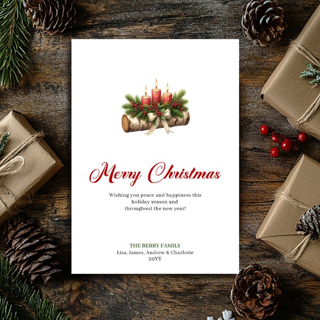 Varm julgrus på rustik stockhälsning julkort (Warm Christmas candles on rustic log greeting Holiday Card)