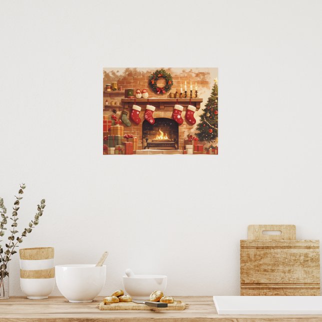 Varm julscen vid öppen spis poster (Kök)