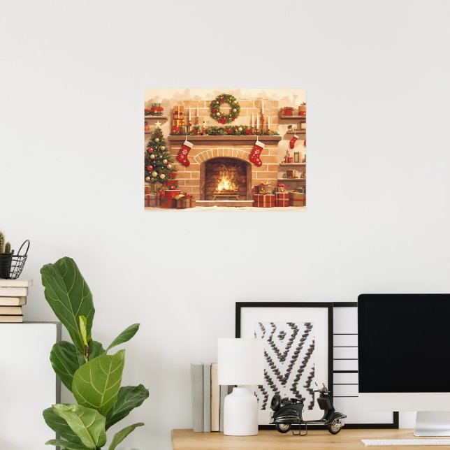 Varm julscen vid öppen spis poster (Hemmakontoret)