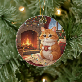Varm Kakao Katt Mysig Vinter Katt vid Öppen Spis Julgransprydnad Keramik