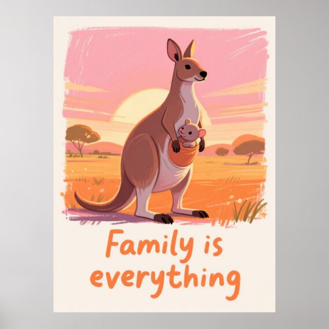 Varm Kanguru Familj Solnedgång Konst Poster (Framsidan)
