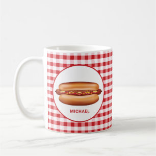 Varm korv på röd rutig bakgrund med anpassad text kaffemugg