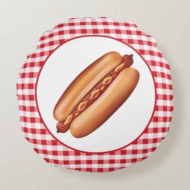 Varm korv snabbmatillustration på rött gingham rund kudde (Framsidan)