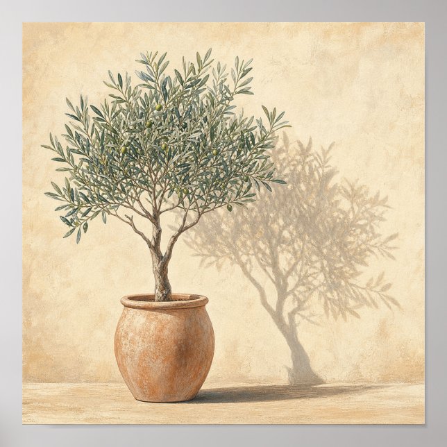 Varm krukad olivträds botaniska fyrkantig väggkons poster (Framsidan)