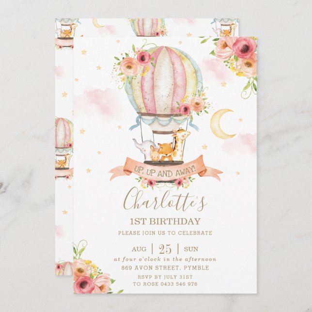 Varm luftballong 1-års födelsedagsfest Djur i djun Inbjudningar (Fram/baksida)