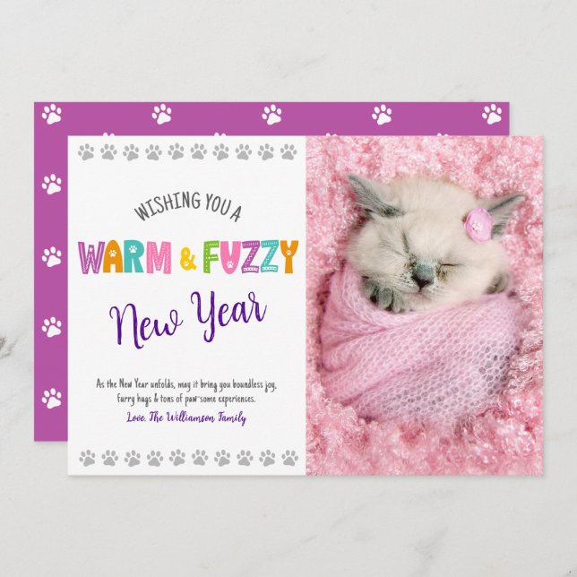 Varm och Fuzzy New Year Pet Photo Cute Typography Julkort (Fram/baksida)