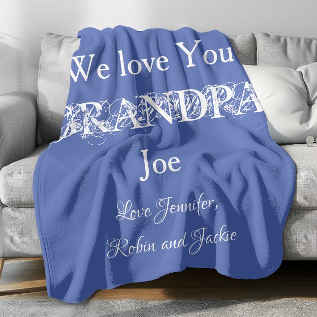 Varm och skum gåva till morfar. Underbart, Anpassn Fleecefilt (Personalized "We Love You Grandpa" light blue fleece blanket.)