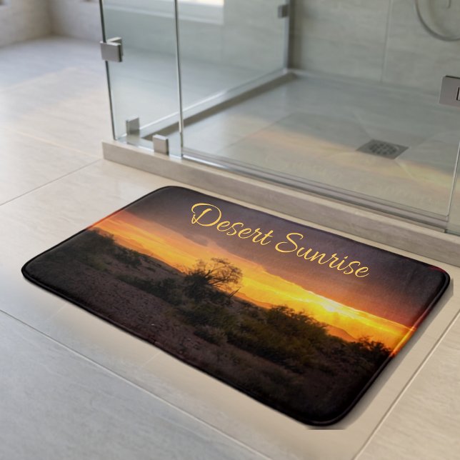 Varm öken soluppgång landskapsfotografi badrumsmatta (Desert sunrise photograph bath mat with template text available in three sizes.)