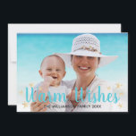 Varm Önskemål Blue Beach Starfish Julfoto Julkort<br><div class="desc">Önska dina vänner och din familj lite varmt den här julhelgen med det här fuskande jullkortet på stranden. Utformningen har "varmt önskemål"-turkostext med vattenfärgsstjärnor. Anpassa med egen bild och text.</div>