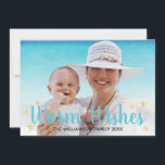 Varm Önskemål Blue Beach Starfish Julfoto Julkort<br><div class="desc">Önska dina vänner och din familj lite varmt den här julhelgen med det här fuskande jullkortet på stranden. Utformningen har "varmt önskemål"-turkostext med vattenfärgsstjärnor. Anpassa med eget foto och egen text.</div>