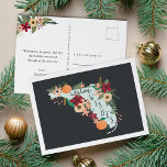 Varm Önskemål från Florida Helg Vykort<br><div class="desc">Skicka hälsning från solskenet med de här charmerande vykorten med en silhuett karta i delstaten Florida, försedd med orangar, lush grey och tropiska blommor på en mörk med vit gräns. "Warm Önskemål" förekommer i vit, handskriven typografi inuti statsformen, tillsammans med din familj namn eller ditt val av hälsning. Lägg till...</div>