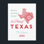 Varm Önskemål från Texas hjärta Vykort<br><div class="desc">Modern semesterhälsning från hjärtat Texas Red,  havsskum och underbar för vykort för att komma ikapp och skicka ord till vänner och familj under helgdagarna och visa kärlek för Texas. Anpassa din familj namn och år och  med dina vänner för helgdagar</div>