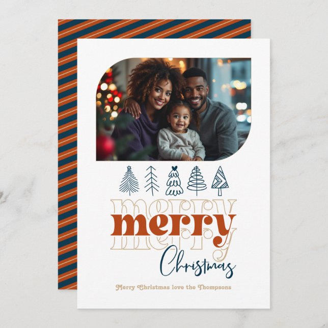 Varm öppen spis Modern Retro Doodle Jul Foto Julkort (Fram/baksida)