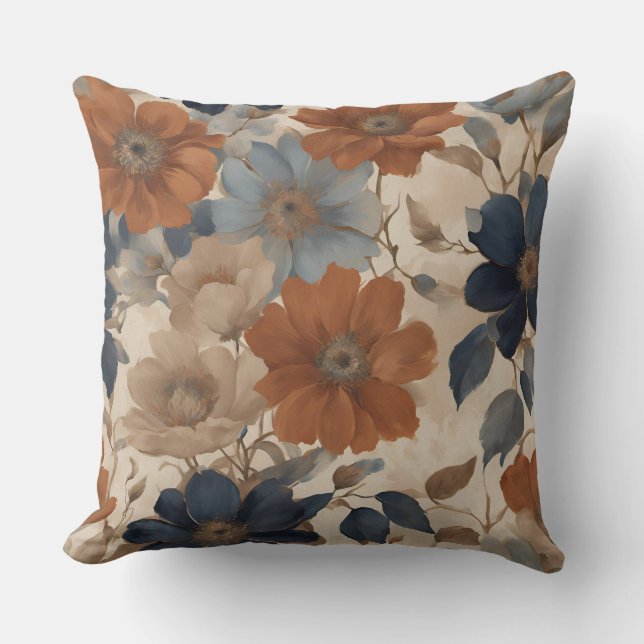 Varm Orange Beige Navy Blue Fall Blommigt Kudde (Framsida)