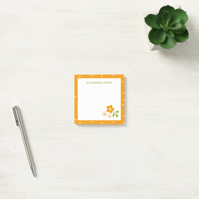 Varm Orange Ditsy Blomma Prickar Personlig Post-it Block (Kontor)