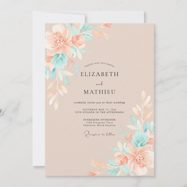 Varm Peachy Aqua Peony Bröllop Inbjudningar (Framsida)