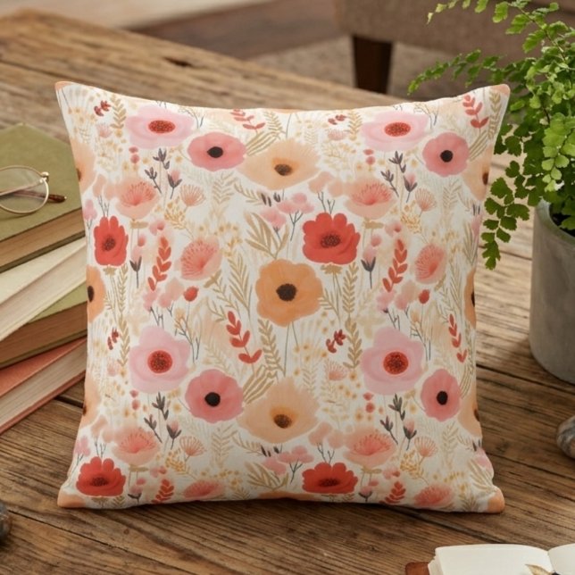 Varm Persika och Korallvallmo Blommönster Kudde (Floral poppy throw pillow for a friend's new apartment housewarming.)