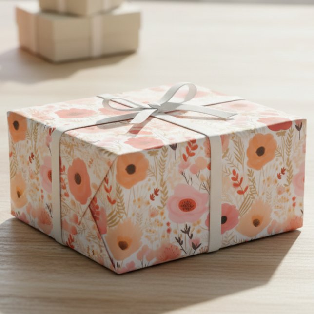 Varm Persika och Korallvallmo Blommönster Presentpapper (Beautiful peach and coral floral wrapping paper. Perfect for friend's birthday present.)