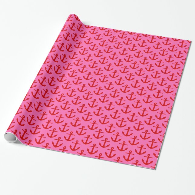 Varm pink #2, röda ankare mönster presentpapper (Utrullad)