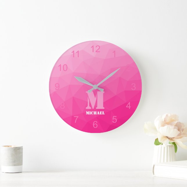 Varm pink Gradientgeometri Nätmönster Monogram Stor Klocka (Hem)